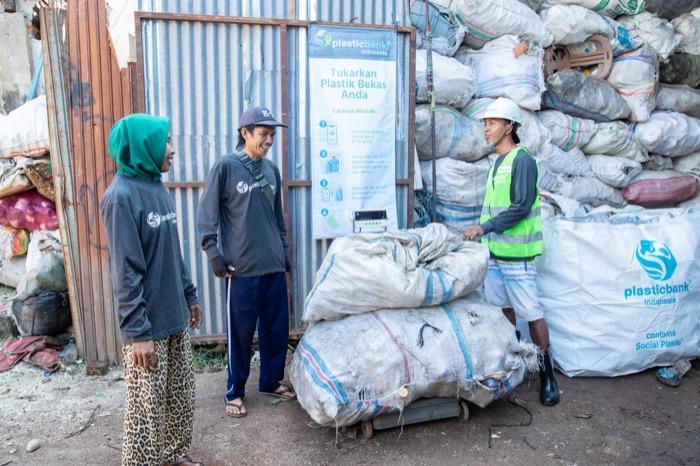 Plastic Bank collection point in Indonesia, with sacks of sorted plastic